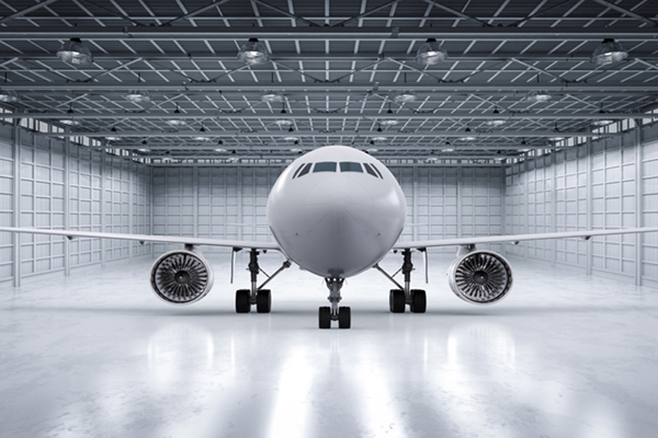 3D-Rendering eines Flugzeugs im Hangar