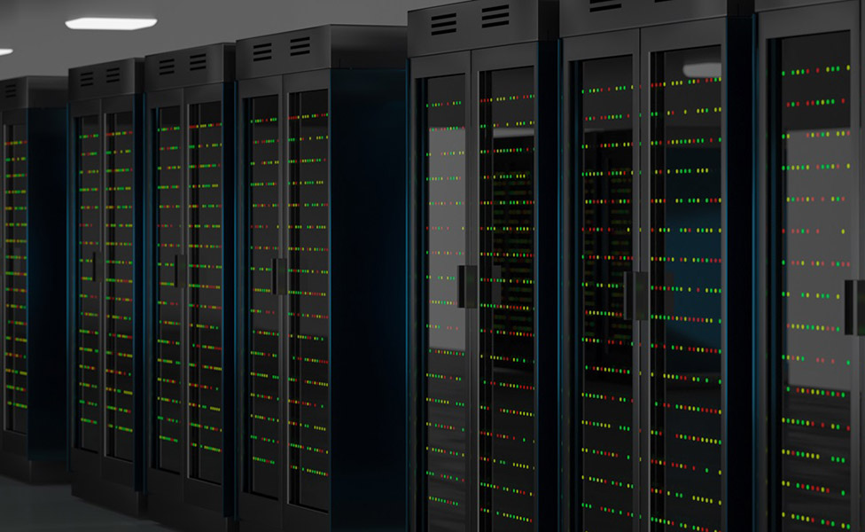 Servers racks in server room cloud data center. Datacenter hardware cluster. Backup, hosting, mainframe, mining, farm and computer rack with storage information. 3D rendering. 3D illustration