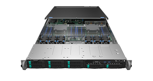 Front-facing view of a rack-mounted enterprise server with the top cover removed