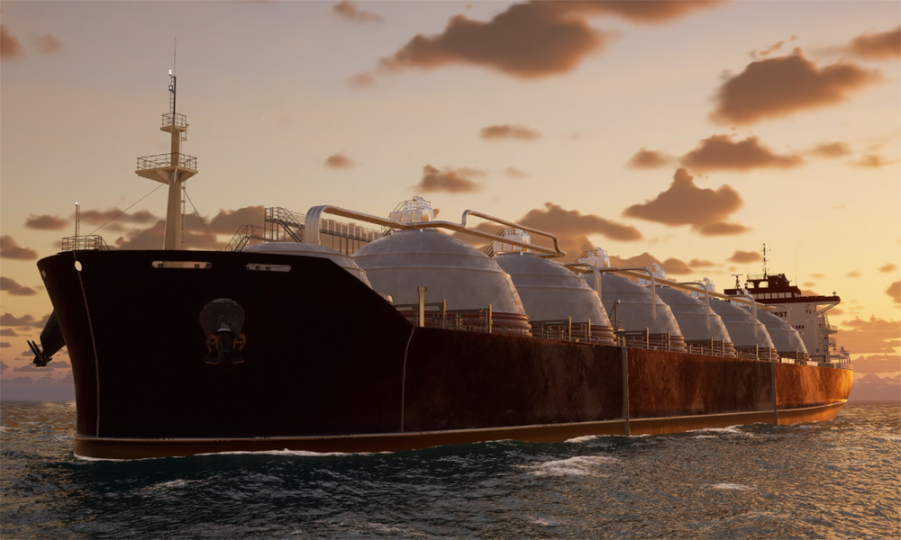 Large LNG tanker transporting liquefied natural gas, illustrating Momentive silicone antifoam technology for efficient amine scrubbing in gas sweetening.