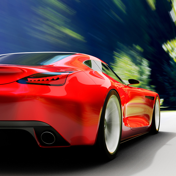 view from rear of fast moving red car, forest road, motion blur,  3D, car of my own design.