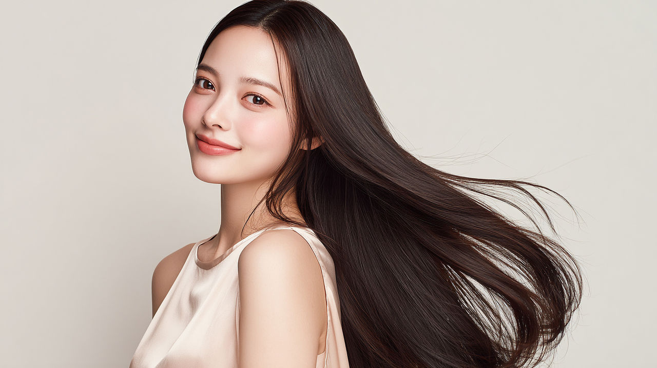 An elegant female with glossy beautiful black long  hair. Best use for advertisement for hair salon,  hair care and beauty products such as shampoo and treatment.