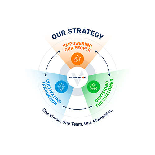 Momentive's Strategy graphic displaying Customer Centricity, Innovation, and People